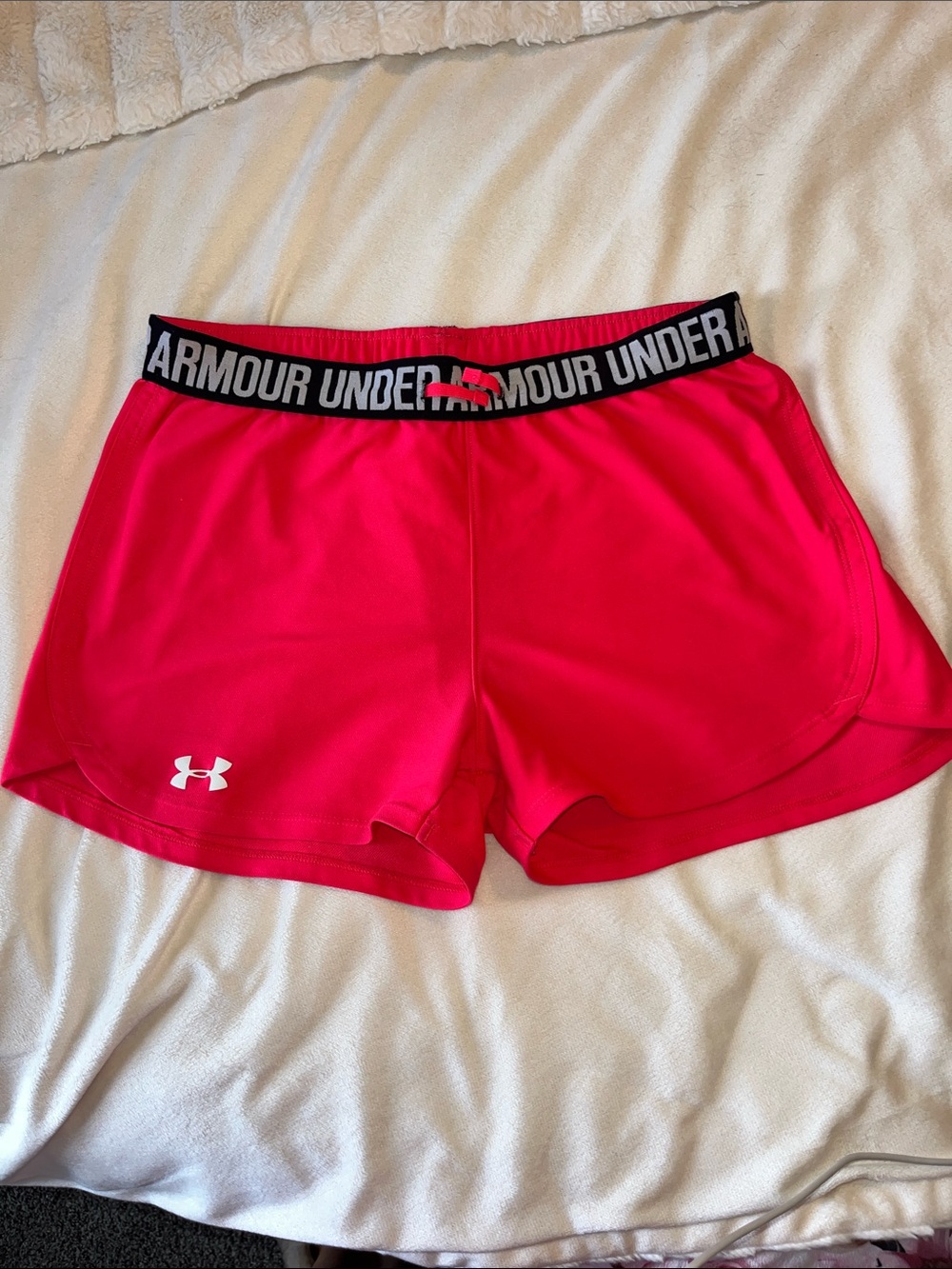 Under Armour Women's Bright Pink Athletic Shorts with Logo Waistband